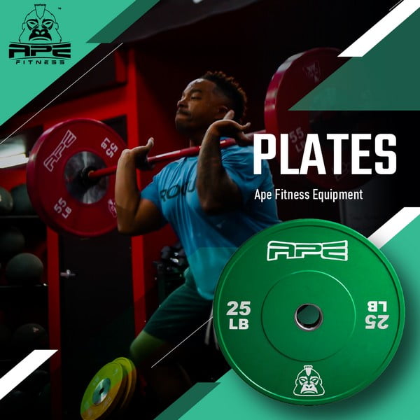 Ape Fitness Equipment weight plates on a storage rack